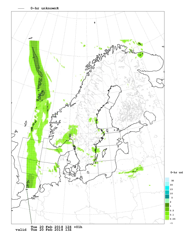 Karta som visar Knep-prognos med prognoslängd +1 timme.