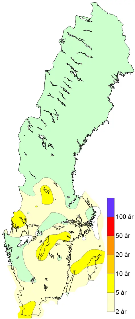 Bilden visar en karta över återkomsttid för byvindhastigheten under stormen Malik den 29-30 januari 2022.