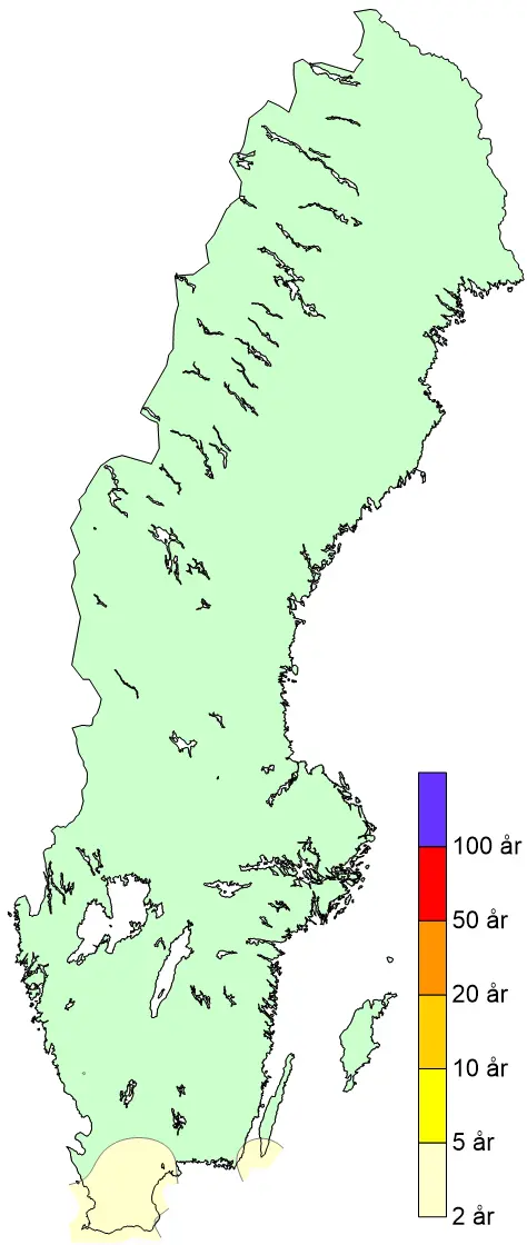 Bilden visar en karta över beräknad återkomsttid för byvindhastigheten under stormen Otto.