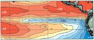 Illustration av medelytvattentemperaturen i östra Stilla havet i september 1998 (en grads temperaturintervall).