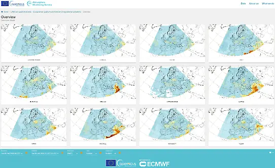 Example of forecast of PM2.5 in Europe valid for the 9th of January 12UTC 2024 (run started on the 9th of January 2022 at 00UTC).
