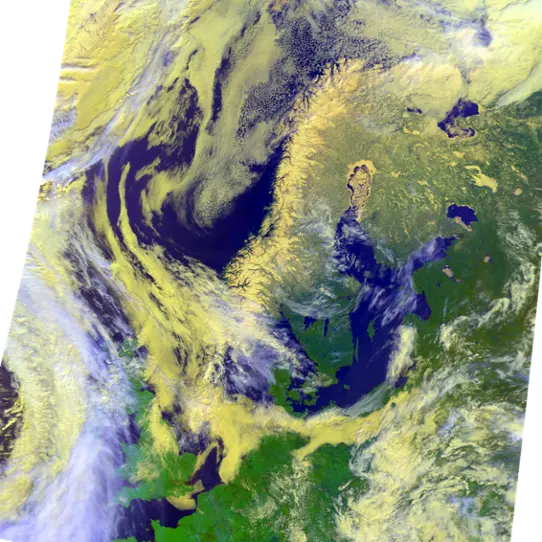 Satellite image displaying current weather in Northern Europe April 9, 2023 at 09:45 UTC.