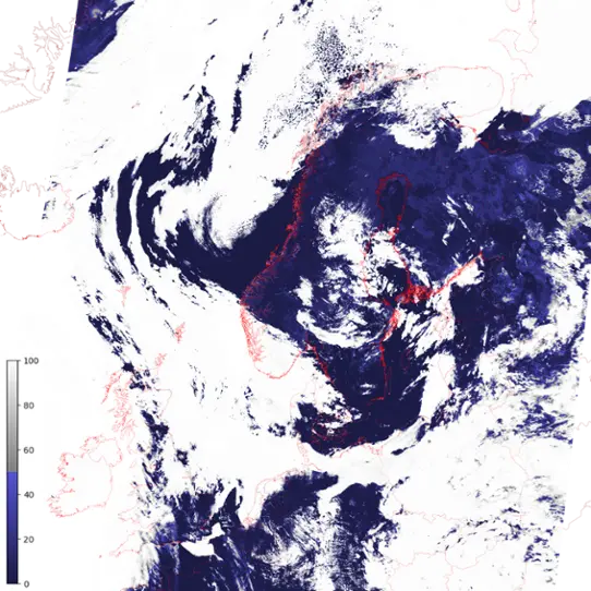 Satellite image that shows cloud probability.