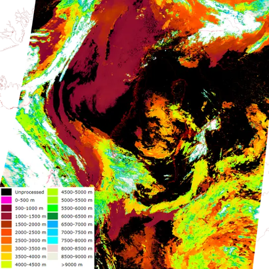 Satellite image that shows the Cloud Top Temperaure and Height.