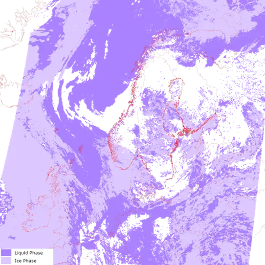 Satellite image that shows the Cloud phase (Liquid or Ice).