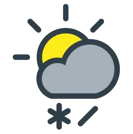 Vädersymbol för lätt by av regn och snö med sol i moln, en snöflinga och en regndroppe