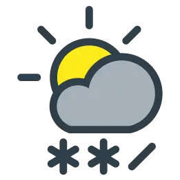Vädersymbol för kraftig by av regn och snö med sol i moln, två snöflingor och en regndroppe