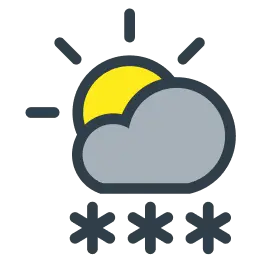 Vädersymbol för kraftigt snöby med sol i moln och tre snöflingor
