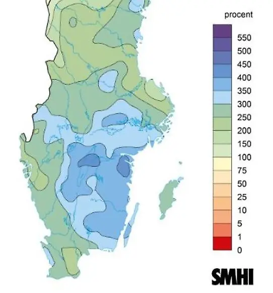 Karta som visar den summerade nederbörden för perioden 1 januari till 17 januari 2023 i procent av periodens medelnederbörd för normalperioden 1991 – 2020.