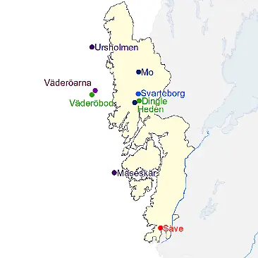 Karta över platser där väderextremer för Bohuslän har uppmätts