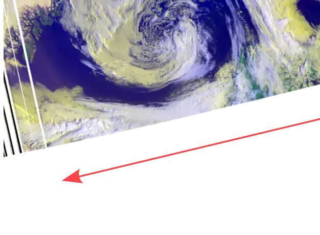Figur: En översikts-RGB från satelliten NOAA-20 över Skandinavien på morgonen (06:26 UTC) den 19 juli 2021. Vid den här tiden på dygnet passerar NOAA-20 långt från Norrköping och bilden täcker endast de allra nordligaste delarna av Sverige. Den röda pilen visar riktningen på satellitens rörelse.