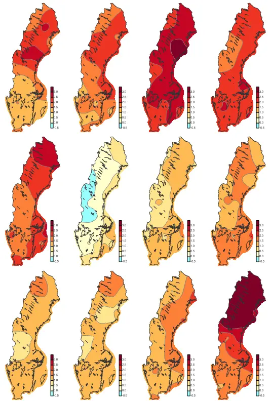 Karta som visar förändring av månadsmedeltemperaturen mellan mellan: januari, februari, mars och april.