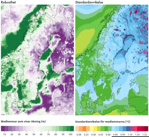 Två Sverikekartor där den vänstar visar robusthet och den högra standardavvikelse.