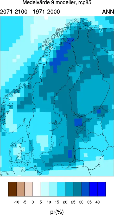 Karta över norden, utan island med färgade fält som illustrerar årsmedelnederbörd