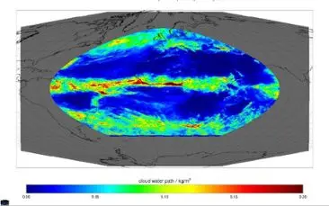En karta visar exempel på hur total molnvatteninnehåll kan illustreras från satellitmätningar.