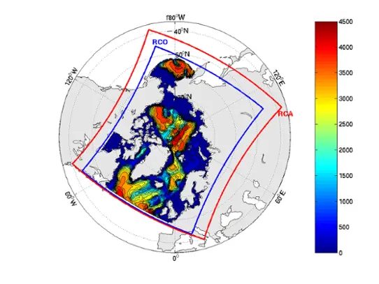 Figure 1. The RCAO models calculation grid over Arctic. The red lines show the atmospheric model (RCA) area and the blue ones the oceanographic model (RCO) area. The coloured indicates the depth.