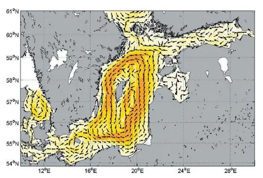 Figure 2. Transport of phosphorus in the Baltic Sea as simulated with RCO-SCOBI. The transport direction is indicated with the arrows and the magnitude of the transport with colours.