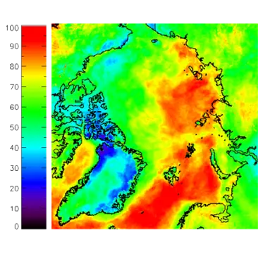 Mean total cloud cover (%) over the Arctic region in July 2007 derived from the AVHRR instrument on the polar orbiting NOAA and METOP satellites.