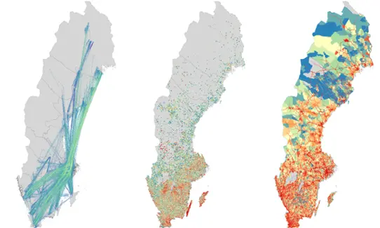 Examples of national geographically distributed emissions from domestic aviation, passenger cars and cattle.
