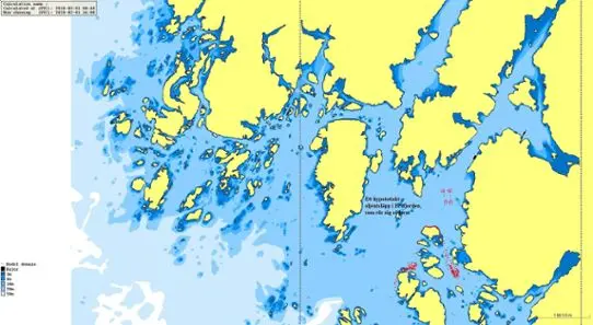 The refinery Preemraff in Lysekil uses Seatrack to calculate where accidently discharged oil is heading. This helps them to quickly take measures. The map shows Brofjorden and a hypothetical oil discharge.