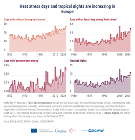 Bild som visar årligt genomsnittligt antal dagar med värmestress i kategorierna stark, mycket stark eller extrem för Europa, 1950–2024. 