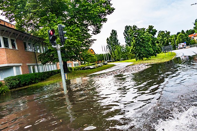 Översvämning i stadsmiljö, träd och byggnader står i vatten.