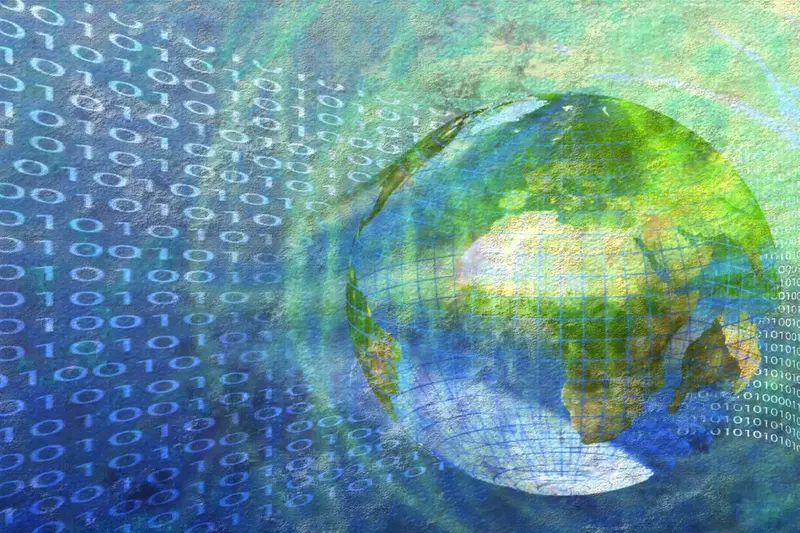 Illustration av en jordglob som svävar över ett fält av ettor och nollor som symboliserar en ström av data. 