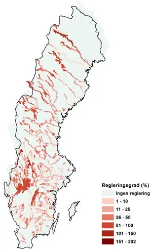 Illustration: Andelen av den totala årsvattenföringen som kan lagras i alla uppströms magasin/sjöar.