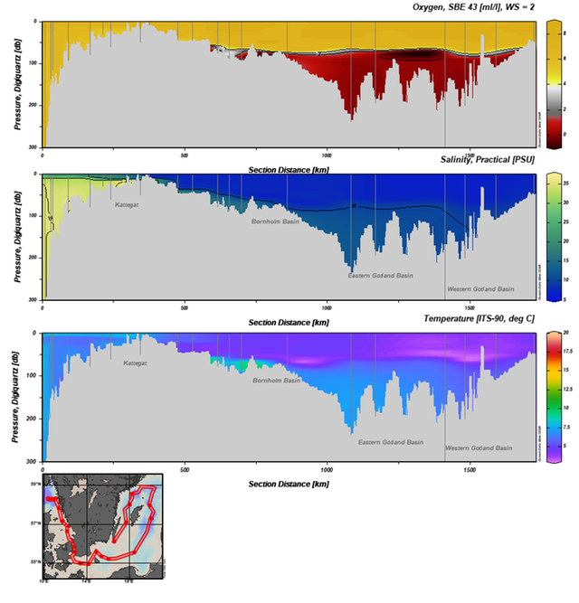 Snitt som visar syrekoncentration, salthalt och temperatur från mätningar med CTD och MVP, från Skagerrak till Östra Gotlandsbassängen och vidare in i Västra Gotlandsbassängen.