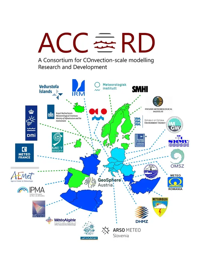 Illustration som visar länderna och instituten som ingår i ACCORD-konsortiet. Namnet ACCORD står för A Consortium for COnvection-scale modelling Research and Development.