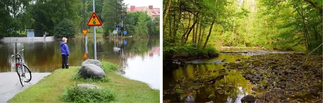Två bilder bredvid varandra där den ena visar ett översvämmat bebyggt område och den andra ett vattendrag med låg vattennivå.