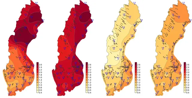 Karta över förändring av säsongsmedeltemperaturen.