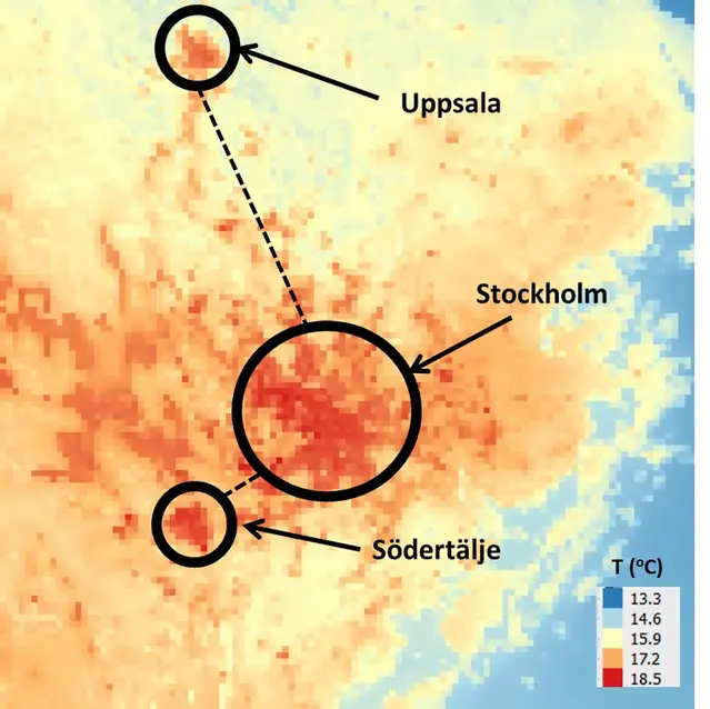 Map with more red colours indicating an Urban Heat Island over densed city areas in Stockholm and nearby cities.