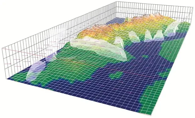 Illustration som visar hur modellen delar upp atmosfären i ett antal kuber (gridboxar) där in- och utflöden, omvandling och deposition beskrivs.