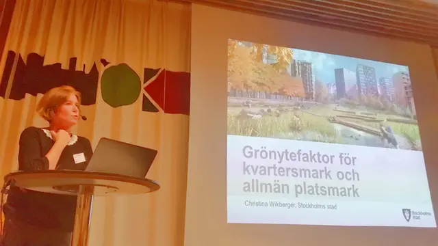 Christina Wikberger från Stockholms stad visar presentation om grönytefaktor.