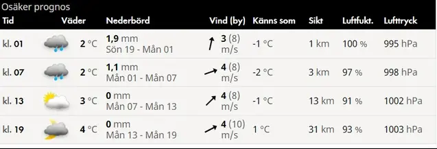 Exempel på väderprognos med bland annat temperatur, nederbörd, vind för fyra klockslag, skärmklipp från smhi.se