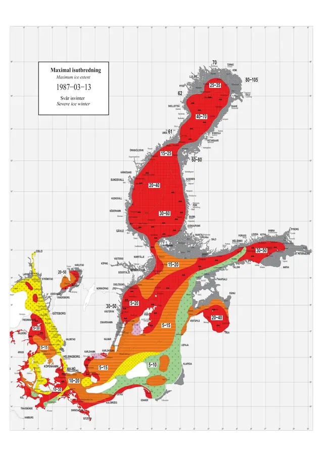 Karta som visar den maximala isutbredningen 13 mars 1987.