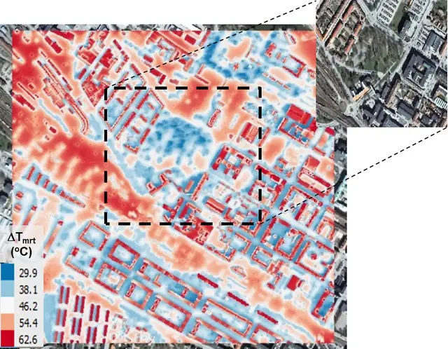 Illustration över kartering som visar varmare och svalare platser i centrala Eskilstuna.