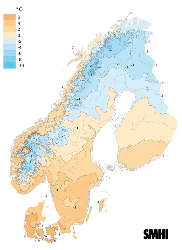 Karta över norden visar medeltemperatur för april under 1931-1960