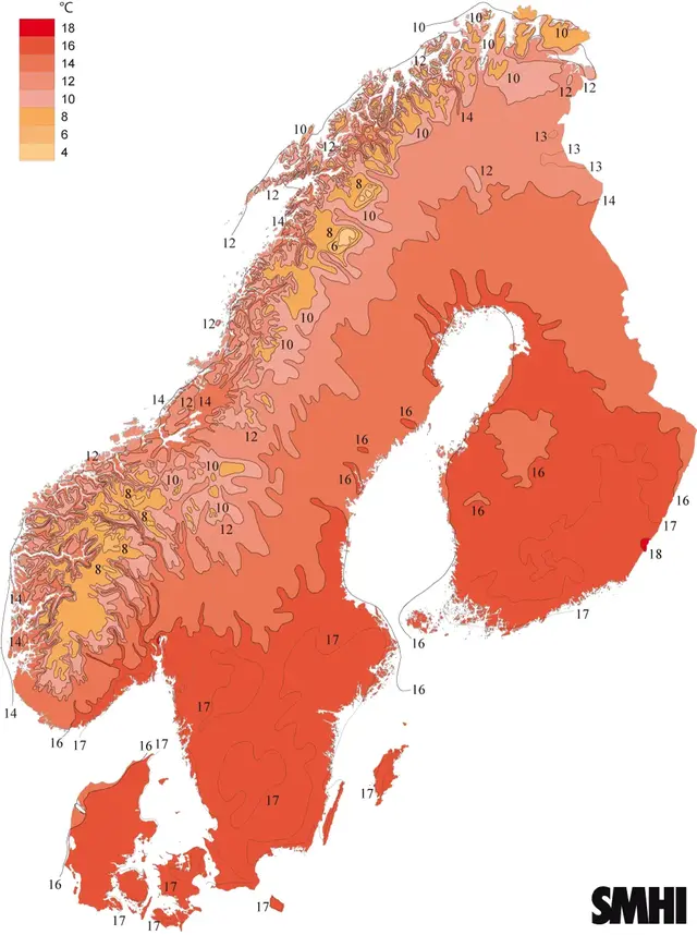 Karta över norden visar medeltemperatur för juli under 1931-1960