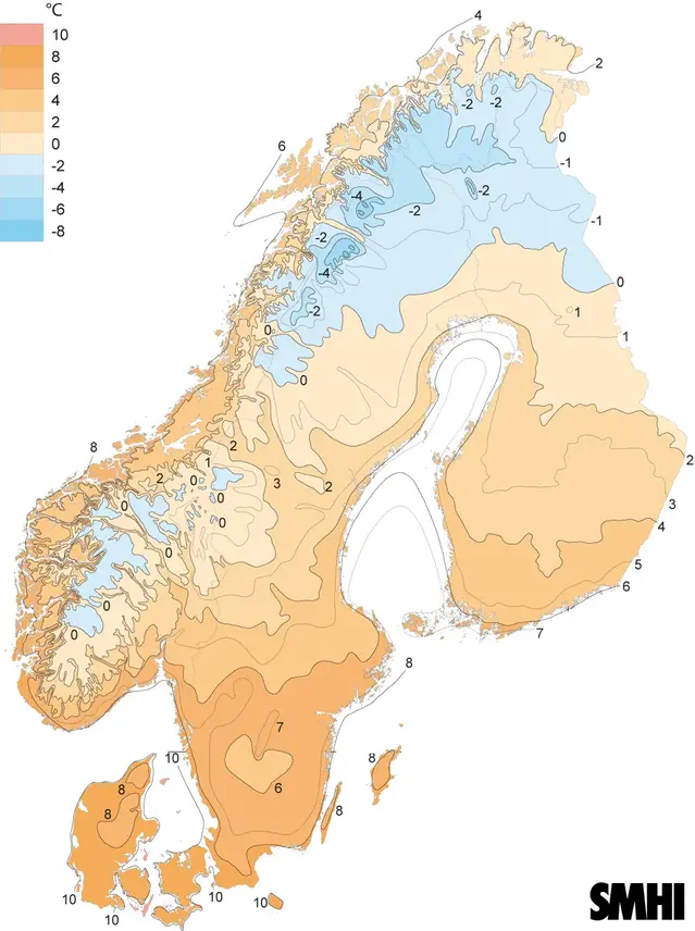 Karta över norden visar medeltemperatur för oktober under 1931-1960