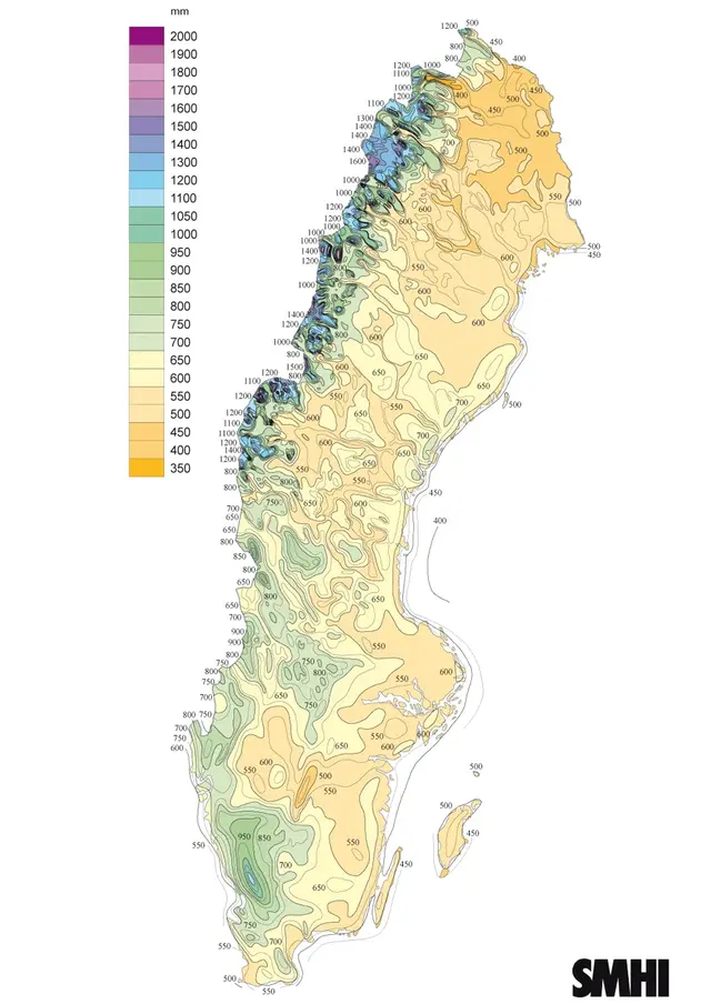 Karta över norden visar årsnederbörd under 1931-1960