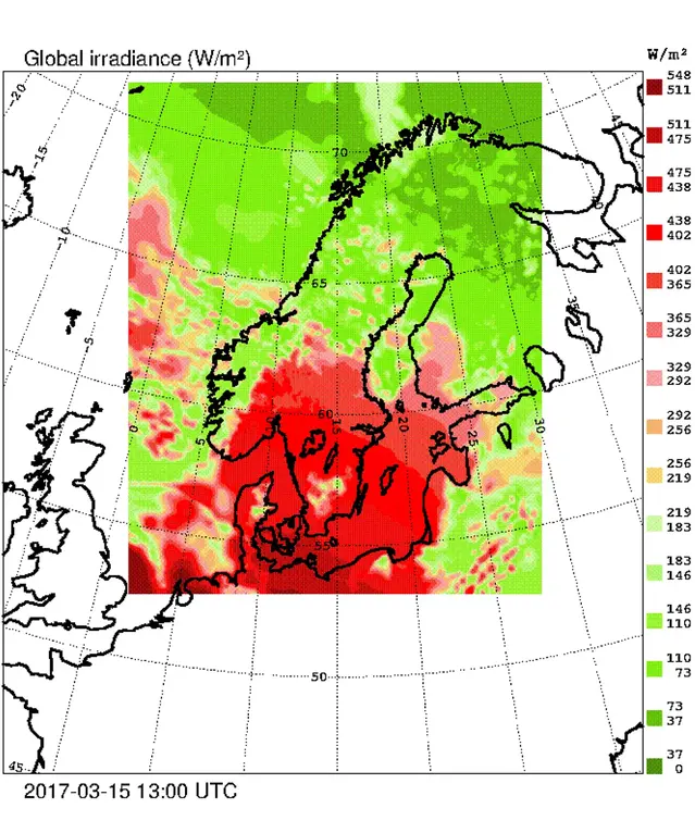 Kartan visar ett exempel på globalstrålning från STRÅNG-modellen, beräknad för den 15 mars 2017 (13:00 UTC).