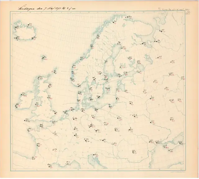 Äldre karta över väderläget i Europa den 7 maj 1893.