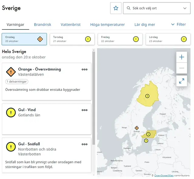 Varningstjänsten på smhi.se - exempel oktober 2021