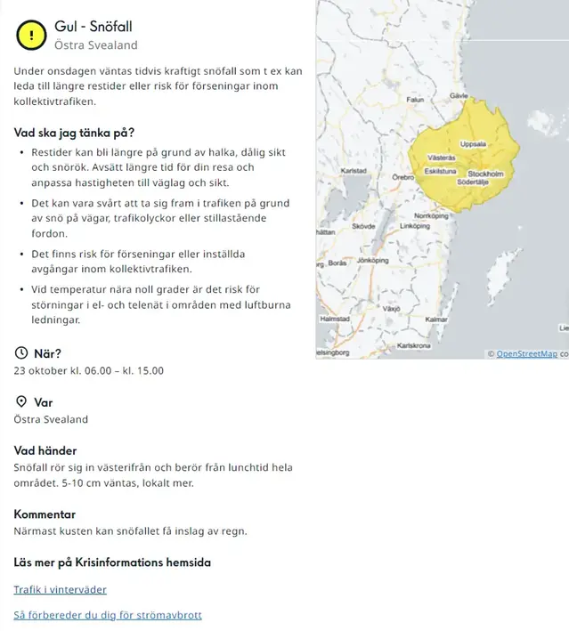 Karta där en del av kartbilden är färgad och som beskriver gul varning för snöfall i Östra Svealand