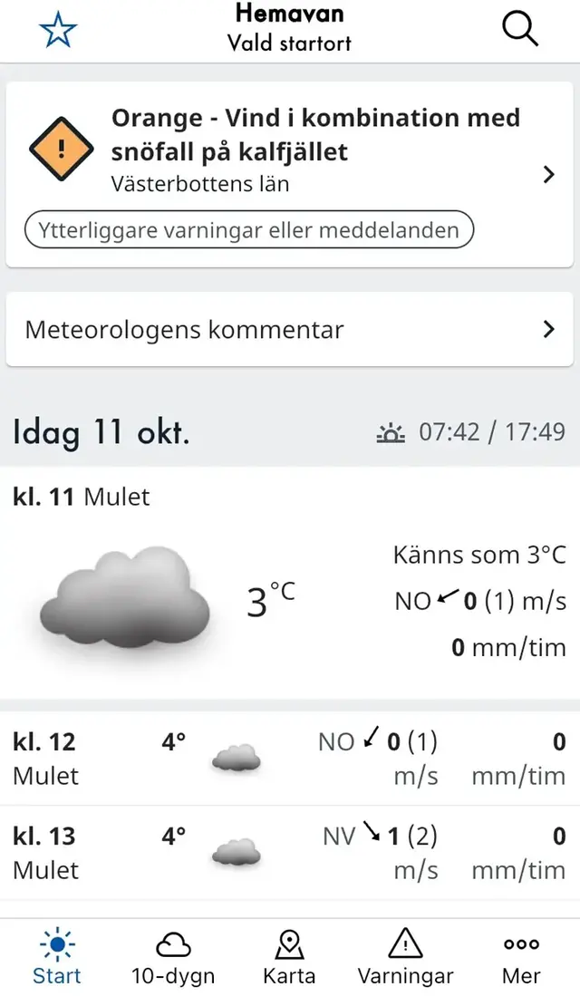 SMHIs väderapp - varningsinformation oktober 2021