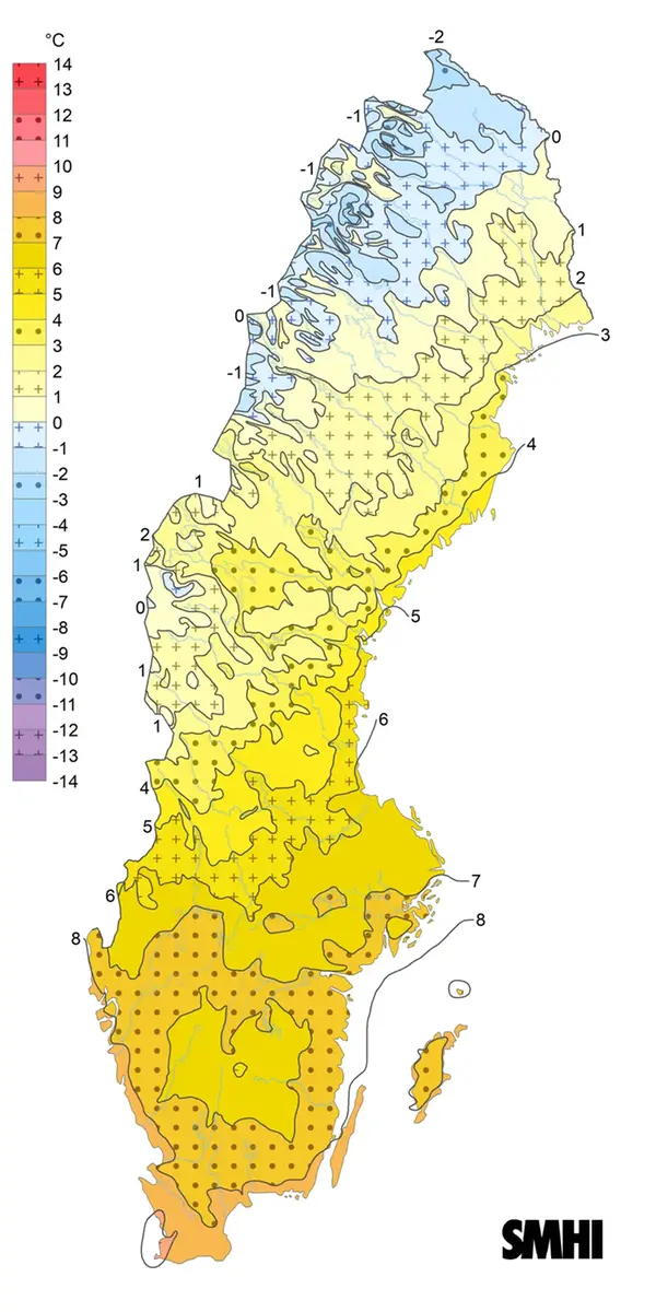 Årsmedeltemperatur för Sverige för normalperioden 1991-2020.