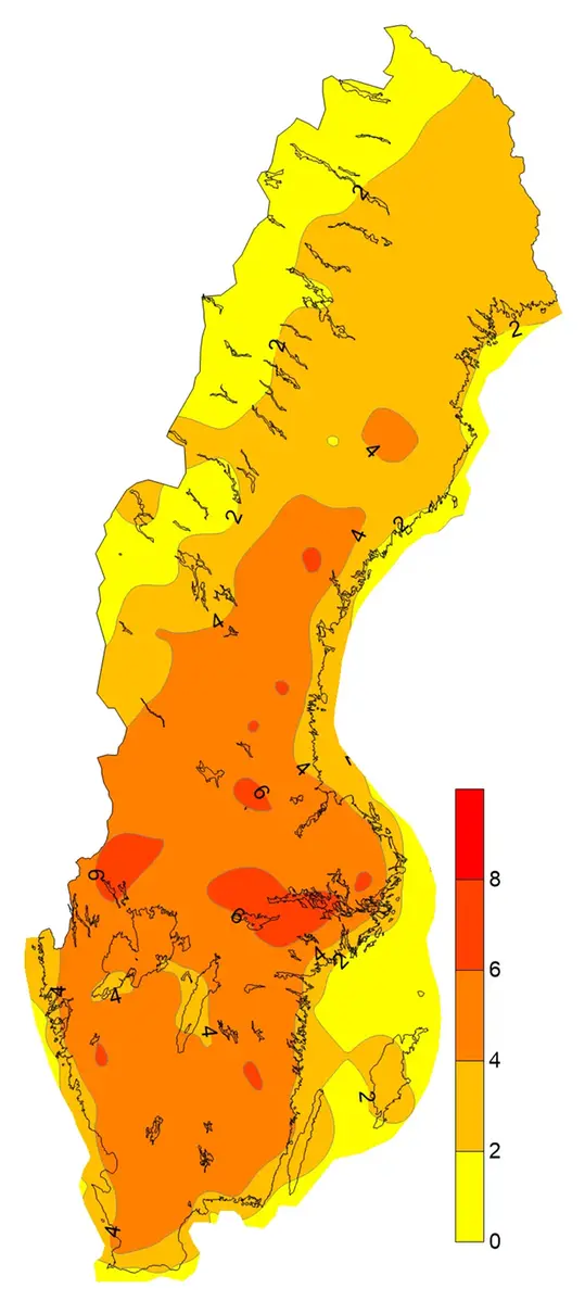 Medelvärde av maximalt antal högsommardagar i rad under året för perioden 1961-1990