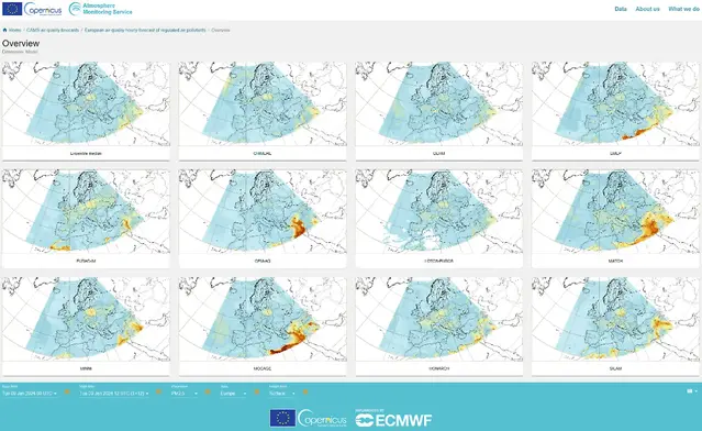12 kartor över Europa som illustrerar CAMS prognos för PM2,5